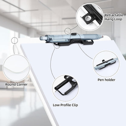 White Clipboard with Pen Holder, 2 Pack Plastic Clipboard with Low Profile Metal Clip, Hanging Clipboards Holds 8.5x11 Inch Papers, Standard A4 Letter Size Clip Board for Office & School