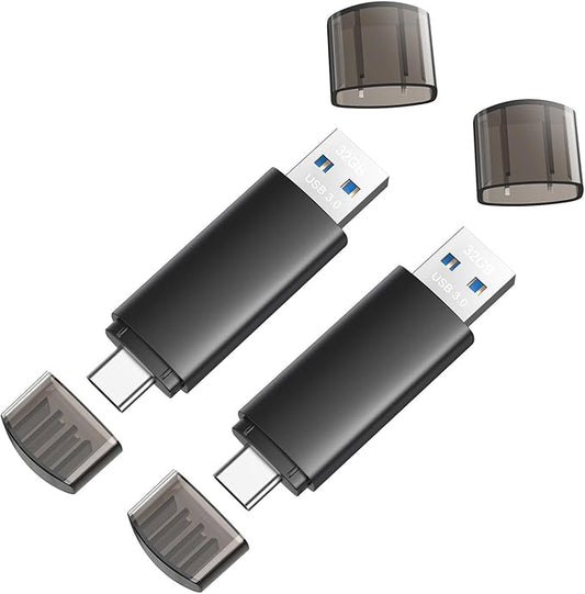 32GB USB C Flash Drive Dual USB 3.0 Flash Drive Type C + USB A Portable Type-C Flash Drive 2-in-1 USB-C Thumb Drive for Smartphone Tablet Computer Mac iPhone 15 Black(2 Pack)