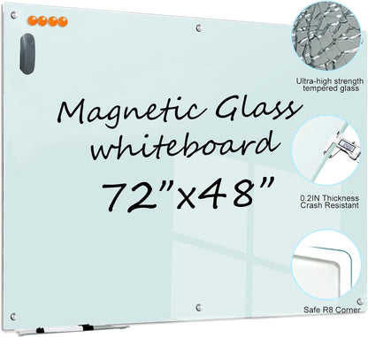 Magnetic Glass Whiteboard - 72"X48" Dry Erase White Board Frameless Glass Boards with Super Strong Magnets, Wall Mounted for Office, School and Home