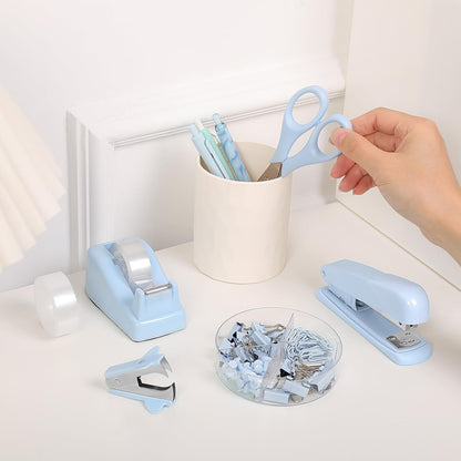 SKYDUE Blue Office Desk Accessories, Blue Office Supplies, Stapler, Tape Dispenser, Scissors, Clips and 1000pcs Staples,Desk Supplies for Women