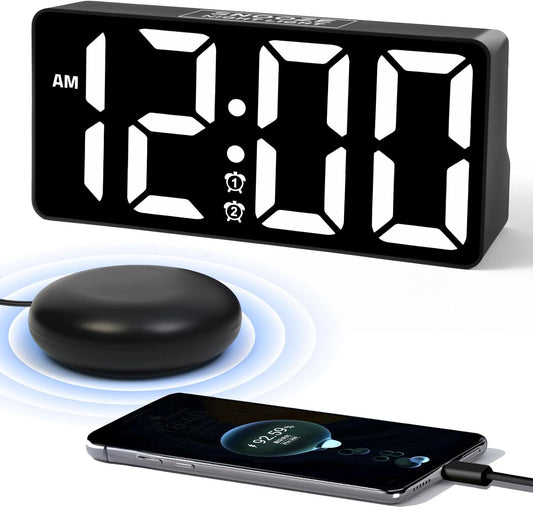 Alarm Clock for Bedroom Heavy Sleepers with Bed Shaker & Night Light-Vibrating Digital Clock Large Dimmable LED Digits with Dual Alarm & Charging Port Table Desk Clock for Hearing Impaired Seniors