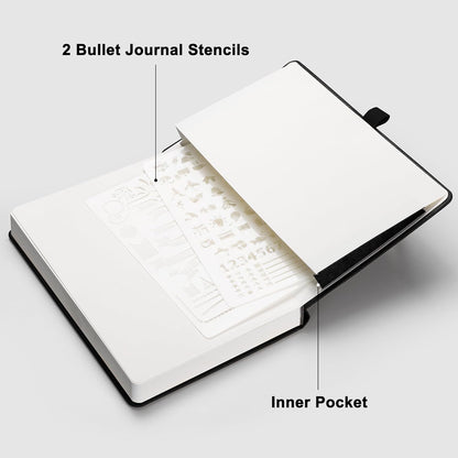 RETTACY Bullet Dotted Journal Notebook, 2-Pack, 160 Numbered Pages per Pack, A5 Medium Size (5.7'' x 8.3''), 120 GSM Thick Paper, Leather Hardcover, for Bullet Journaling (Black & Red)