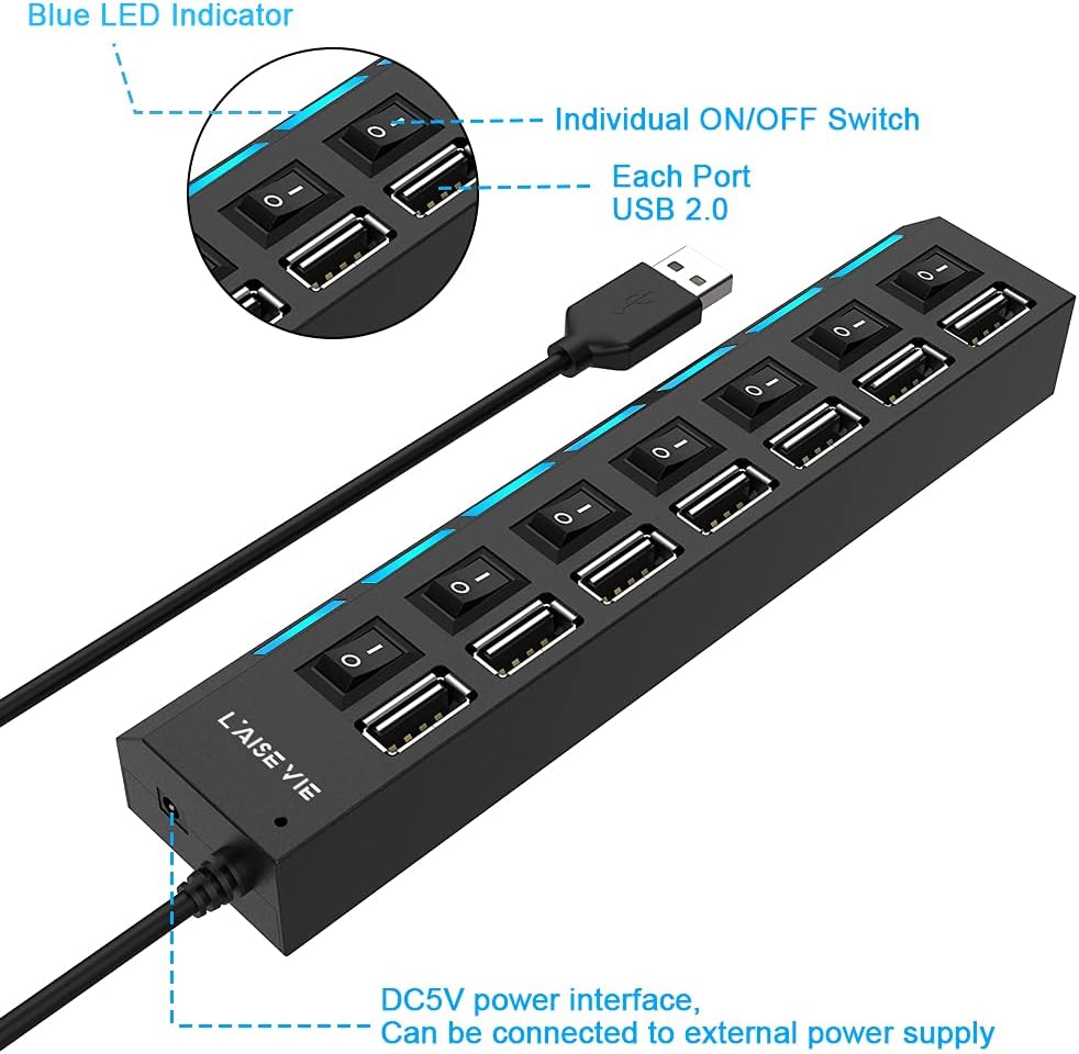 Multi Port Splitter, 7 Port USB 2.0 Hub, USB A Port Data Hub with Independent On/Off Switch and LED Indicators, Lights for Laptop, PC, Computer, Mobile HDD, Flash Drive and More (Black 2.0)