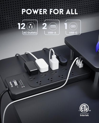 Surge Protector Power Strip 10FT(4080J), PLUGTUL Surge Protector with 12 Outlets - Spacious Design for Large Plugs, Flat Plug, 20W USB C Charging for Home, Office, ETL Listed