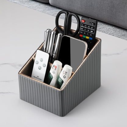 KINGFOM 3 Slot PU Leather Remote Controller Holder, Home Sundries Storage Box, TV Guide/Mail/CD Organizer/Caddy/Holder with Free Cable Desk Organizer (Grey)