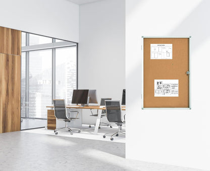 Lockable Display Case 24x36 - Enclosed Cork Bulletin Board with Locking Door, Wall Mounted Aluminum Notice Board for Office, School, Posters, Cards