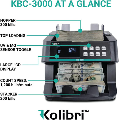 Kolibri KBC-3000 Money Counter with UV/IR Counterfeit Detection – Top Loading Bill Counting Machine w/ValuCount™, Add and Batch Modes – Fast Counting Speed 1,200 Notes/Min