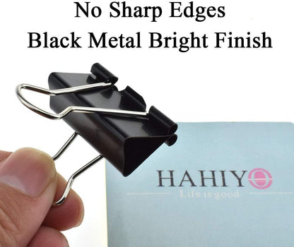 HAHIYO Binder Clips Paper Clamps Spring Steel Sturdy Medium 1.26 inches Width 0.45 Inch Capacity No Sharp Edges Heavy Duty Tight Grip Reusable Black Metal Bright Finish for Home Office School 16 Pack