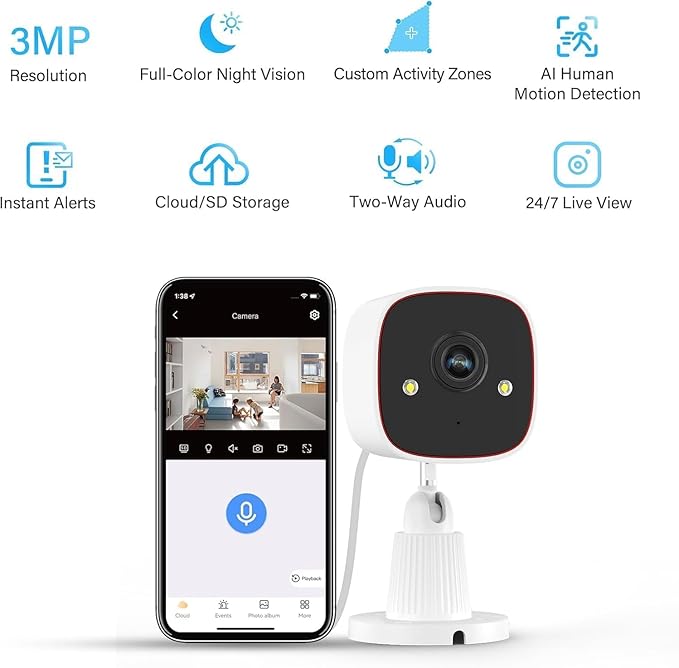 Jennov 2K Security Camera, WiFi Indoor Camera for Home Security, Plug in Powered Pet Cam, Dual-Band (5GHz/2.4GHz), Color Night Vision, 2-Way Audio, Human Motion Detection, IP66 Waterproof Outdoor