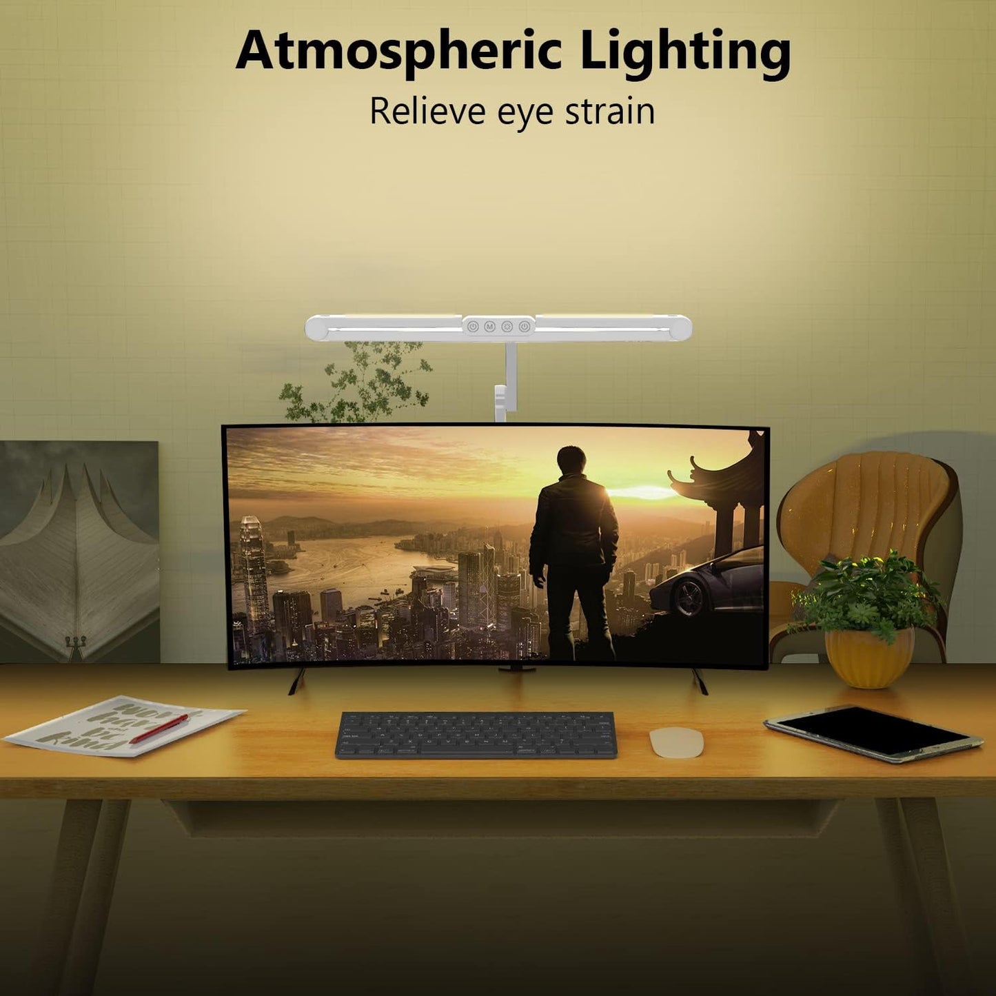 Micomlan Led Desk Lamp for Home Office, White Architect Desk Lamp with Clamp for Crafting, 24W Bright Rotatable Led Table Light Stepless Dimming Tempering Wide Computer Light with Atmosphere Lighting