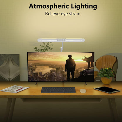 Micomlan Led Desk Lamp for Home Office, White Architect Desk Lamp with Clamp for Crafting, 24W Bright Rotatable Led Table Light Stepless Dimming Tempering Wide Computer Light with Atmosphere Lighting