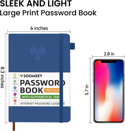 Password Book with Alphabetical Tabs, Hardcover Password Keeper, A5 Size 8.3"x6" Password Notebook for Saving Internet Login, Username, Password Organizer for Computer & Website Logins, Blue