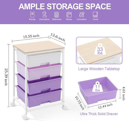 Utility Cart with 4 Drawers,Rolling Storage Cart with Drawers,Storage Rolling Drawer Cart with Wooden Tabletop for Bedroom,Kid's Room,Dorm,Classroom,Office, Purple