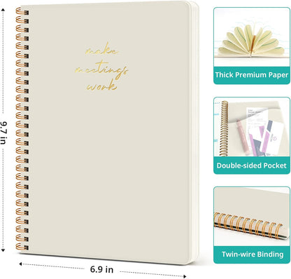 Meeting Notebook for Work Organization - Work notebook with action items, Meeting Minutes Planner Notebook, Perfect Office Supplies for Men & Women - Beige