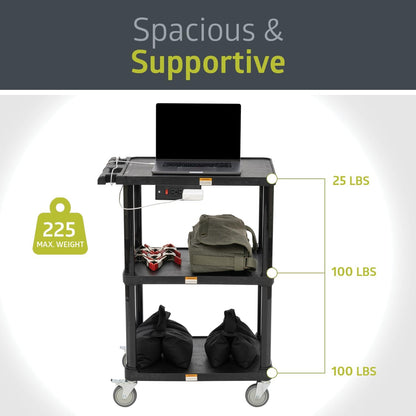 Pearington 3-Shelf Mobile Utility Cart with 3 Outlets and 8' Cord, Heavy-Duty Service Cart for Offices and Warehouses with 3 Shelves, Black, 2 Pack