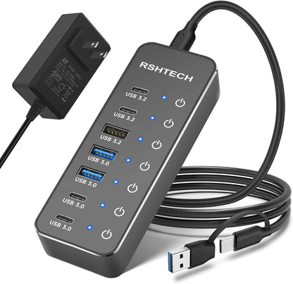 RSHTECH 7-Port Powered USB 3.2/USB-C Hub Splitter with 3 x 10Gbps USB-3.2 Ports (2C + 1A),4 USB-3.0 Ports (2C + 2A), 3.3ft Cable, Touch Switches, and 5V Power Adapter for Laptop PC