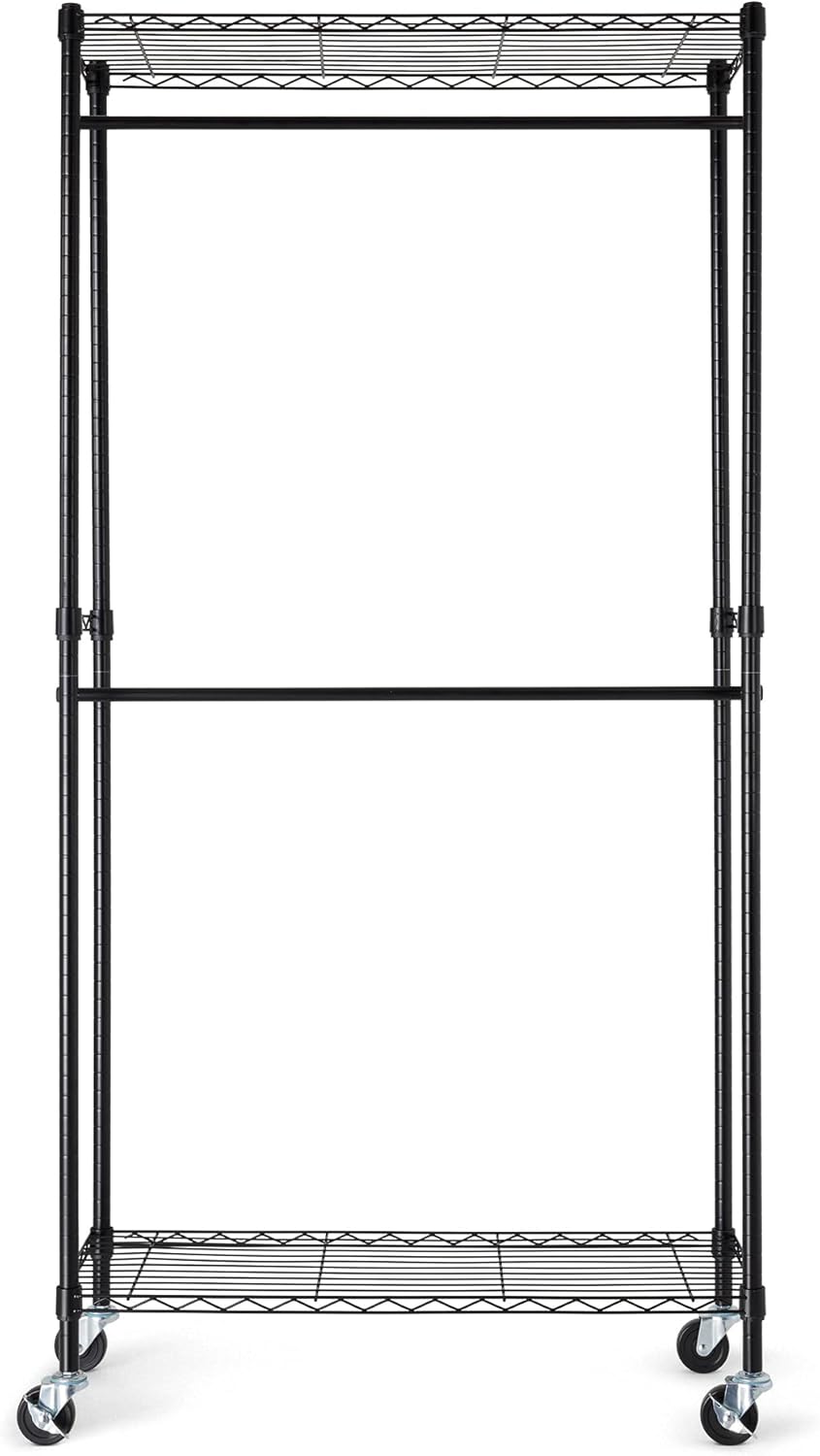 Amazon Basics Adjustable, Double Hanging Rod Garment Rolling Closet Organizer Rack with Wheels, Heavy Duty, Black, 36'' x 14'' x 72'', WI-GAR1436B