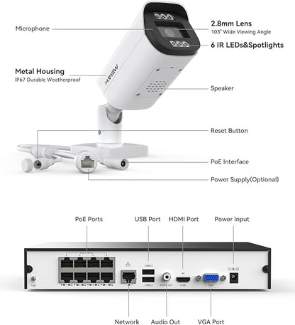 H.VIEW 4K 8MP 8CH POE NVR Security Camera System (16CH Expandable), 4 x 8MP PoE IP Bullet Cameras Outdoor Indoor, AI Human/Person/Face Detection, Two-Way Audio, 100ft IR Night Vision, 3TB HDD