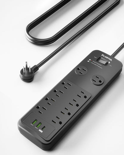 Surge Protector Power Strip 15FT, PLUGTUL Surge Protector with 10 Outlets - Spacious Design for Large Plugs, Flat Plug, 20W USB C Charging for Home, Office, ETL Listed, 2040J
