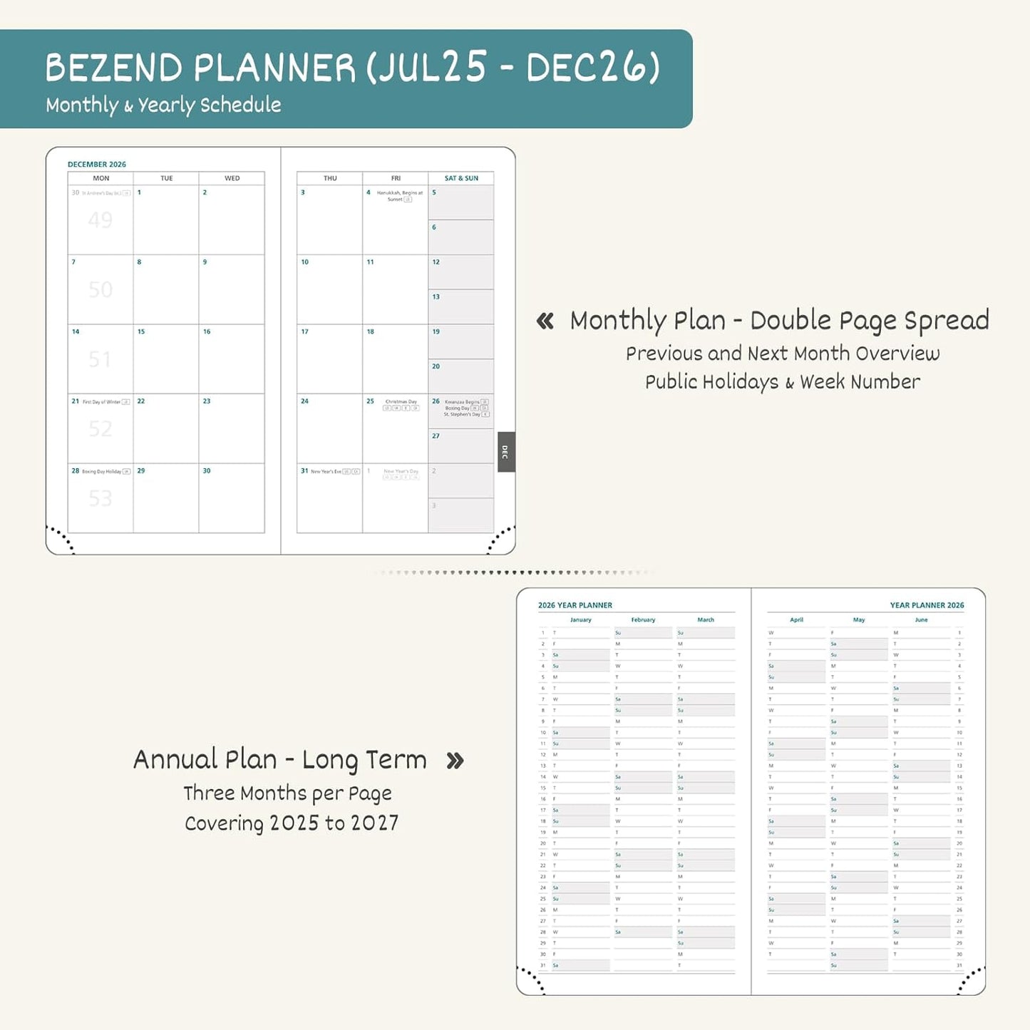 BEZEND Pocket Planner 2025-2026 Weekly and Monthly, 3.5" x 6" Academic Planner (Jul 25-Dec 26) 18-Month Mid-Year Calendar Book, Storage Pocket, Pen Holder, PU Leather Hardcover - Sky Blue