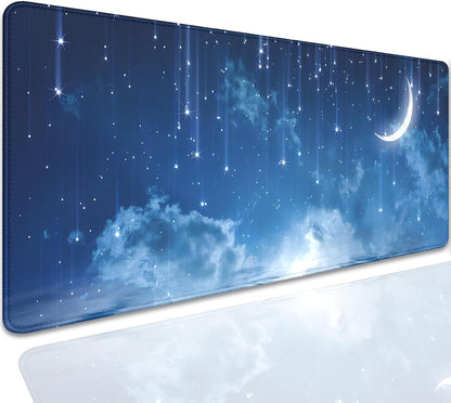 Blue Sky Stars Moon Desk Pad Mouse Pad,Large XL Meteor Showers Mouse Mat with Stitched Edges,Non-Slip Rubber Base Mousepad for Office PC Keyboard Laptop and Home Work Desk Mat(27.5X11.8 in)