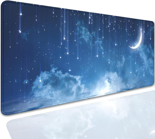 Blue Sky Stars Moon Desk Pad Mouse Pad,Large XL Meteor Showers Mouse Mat with Stitched Edges,Non-Slip Rubber Base Mousepad for Office PC Keyboard Laptop and Home Work Desk Mat(27.5X11.8 in)