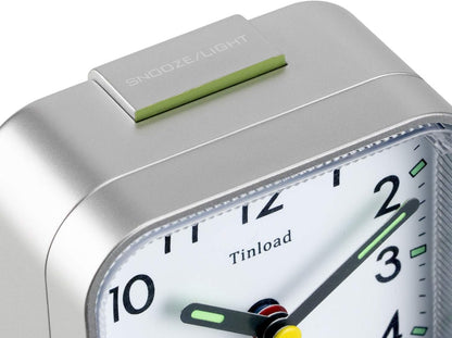Small Battery Operated Analog Travel Alarm Clock Silent Non Ticking,Gentle Wake, Ascending Beep Sounds, Snooze,Lighted on Demand,Easy Set (Silver)