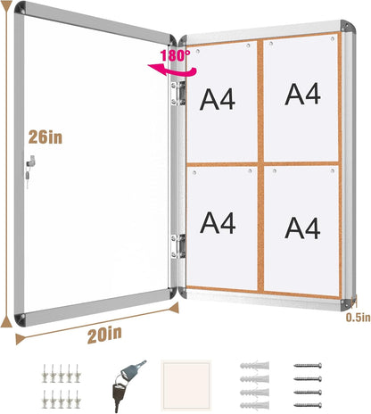 26"x20" Enclosed Bulletin Board, Lockable Weather-Resistant Aluminum Cork Noticeboard for School & Office, Silver Frame w/Cork