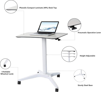 Mobile Standing Desk,Pneumatic Height Adjustable Laptop Desk, Mobile Laptop Desk with Wheels, Height Adjustable from 29.5'' to 47'',White