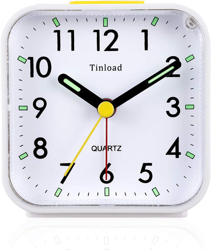 Small Battery Operated Analog Travel Alarm Clock Silent Non Ticking, Gentle Wake, Ascending Beep Sounds, Snooze,Lighted on Demand, Easy Set(White)