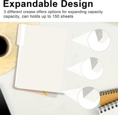 File Folder, RAZCC 150 Pack 1/3 Cut Tab File Folders Letter Size, Folders for Dcouments, Folders with Tab Great for Organizing and Easy File Storage, White