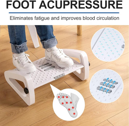 Foot Rest for Under Desk At Work - Six Heights Adjustable Under Desk Footrest - Ergonomic Foot Stools for Under Office Desks - Desks Foot Rest with Massage Rollers - Leg Rest for Chair (White)
