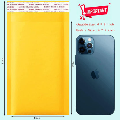 packbabol Kraft Bubble Mailers 4x8 Inch 50 Pcs,Small Self-Sealing Mail Shipping Bags,Yellow Padded Envelopes #000