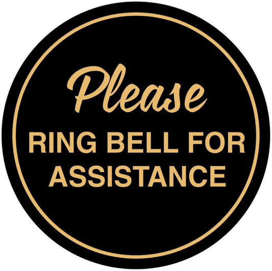 Signs ByLITA Circle Please Ring Bell For Assistance Wall or Door Sign | Easy Installation | Front Desk Reception Sign (Black Gold) - Medium (10 Pack)