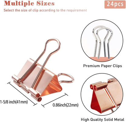 Large Rose Gold Binder Clips 1.6 inch 24 pcs, Capacity 0.66 Inch 41 mm fold Clips, Large Binder Clips, Paper Binder Clips, Large Paper Clips, Office Clips, Great Binder Clips