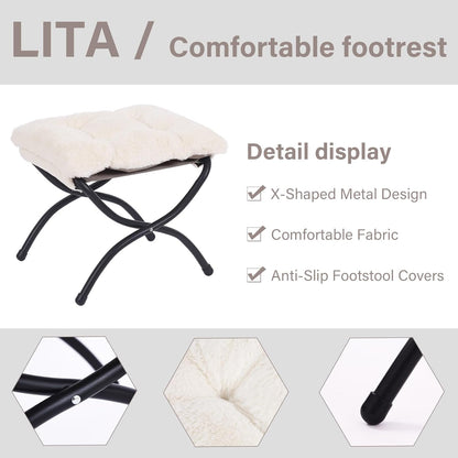 LITA Folding Upholstered Footrest Stool, Modern Small Portable Accent Ottoman with Detachable Thick Cotton Cushion Padded Sofa Stool with Metal Frame for Lazy Chair, Living Room & Bedroom, Plush Beige