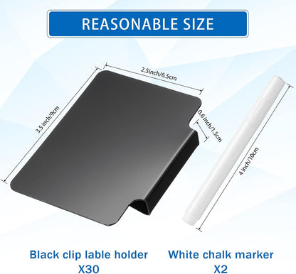 32 Pieces Basket Labels Clip Set, Include 30 Pieces Kitchen Clip Label Holder Removable PVC Bin with 2 Pieces Chalk Marker for Basket Pantry Organization Box (Black Label Clip, White Pen)