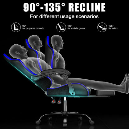 Gaming Chair, Ergonomic Office Computer Chair with Footrest and Lumbar Support Massager Racing Style High Back Video Gamer Chair, Wide＆Thick Cushion, 90°-135° Recline, Adjustable Height, Blue