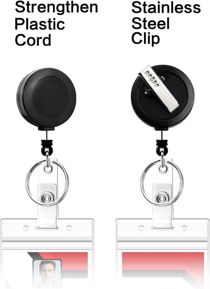 2 Pack Badge Reels Retractable with Key Rings, ID Badge Holder with 2 pcs Waterproof Extra Thick ID Card Holders, Alligator Clip (Black)