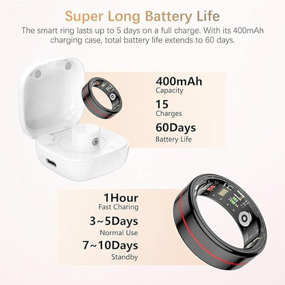 Fit Ring, Smart Health Rings for Women Men with Heart Rate,Blood Oxygen,HRV,Stress Level, Sleep Monitor, Step Tracker, No Subscription Fee, IP68 Waterproof Smart Ring for iphone &Android (Black, 8#)