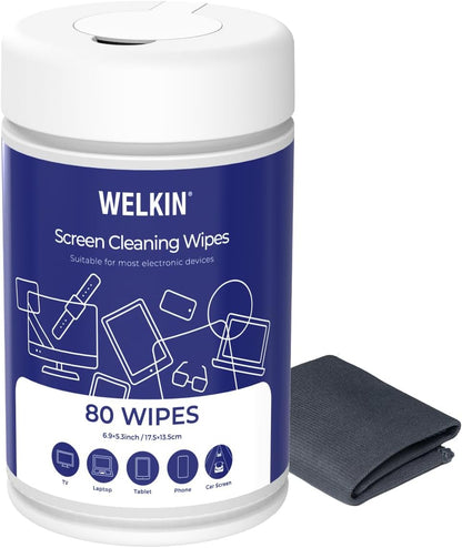 WELKIN 80 Electronics Cleaning Wipes - Non Toxic Screen Cleaner, Streak Free Touchscreen Cleaning for All Phones, Laptop, Computer, TV and Car，1 X Microfiber Cloth Included