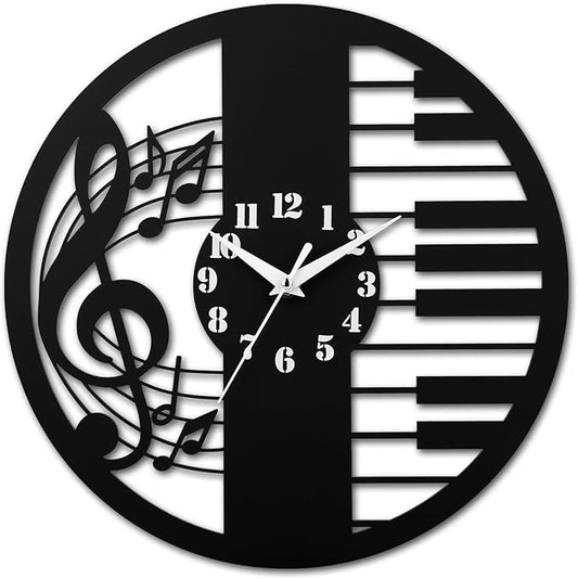 12 Inch Music Themed Wall Clock - Piano Key & Musical Note Design, Silent and Battery Operated - Perfect for Music Room, Studio Decor - Gift for Pianists, Musicians & Music Lover