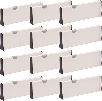 DIOMMELL 12 Pack Adjustable Plastic Drawer Dividers, White, 4"H x 11"-17"L, Expandable Organizers for Kitchen, Bedroom, Closet, Bathroom & Office Drawers