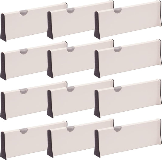 DIOMMELL 12 Pack Adjustable Plastic Drawer Dividers, White, 4"H x 11"-17"L, Expandable Organizers for Kitchen, Bedroom, Closet, Bathroom & Office Drawers