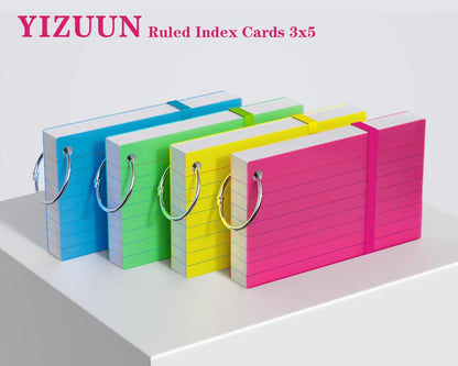 Index Cards 3x5, Flash Cards with Ring, 200 PCS, Ruled Note Cards, Flash Cards for Studying, 4 Packs of 50 sheets, 3x5 Note Cards for Office, Home, School