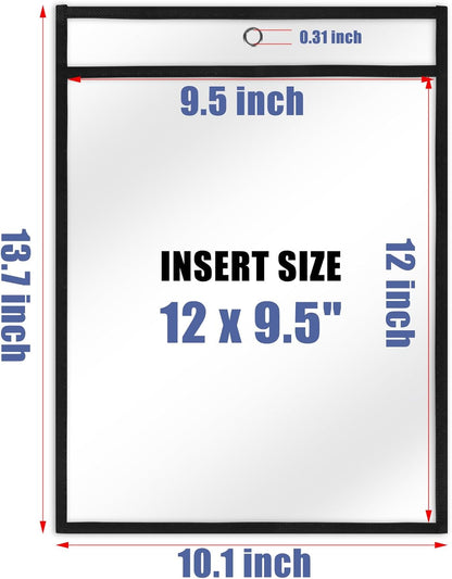 Heavy Duty Dry Erase Pockets 9x12, Job Ticket Holders 50 Pack Plastic Paper Sleeves Sheet Protectors 8.5 x 11 Clear Document Sleeves for Shop Office Classroom Home, Black