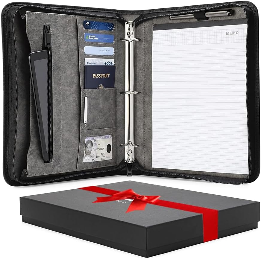 Portfolio Organizer - 1.5" 3 Ring Binder with Notepad - Zippered Storage Pouch for Papers, Travel Documents, Presentation Folder with Pockets for Card, Passport, Tickets - Gray