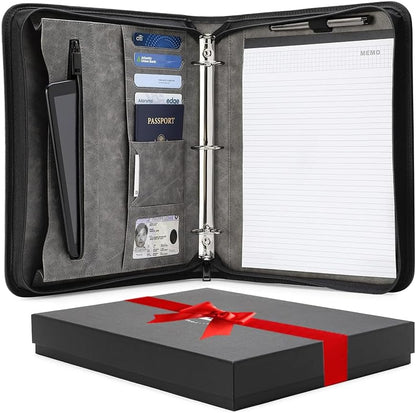 Portfolio Organizer - 1.5" 3 Ring Binder with Notepad - Zippered Storage Pouch for Papers, Travel Documents, Presentation Folder with Pockets for Card, Passport, Tickets - Gray