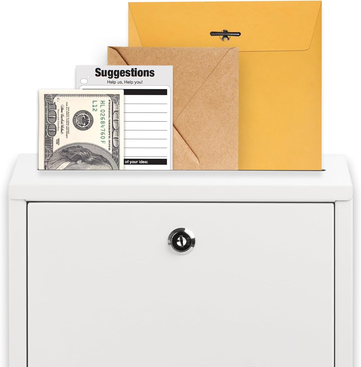 Suggestion Box with Lock and Slot, Wall Mounted Metal Drop Box with 4 Keys, Secure Locking Box for Cash and Ballots, Office MailBox, 10.4 x 2.9 x 11 Inch, White