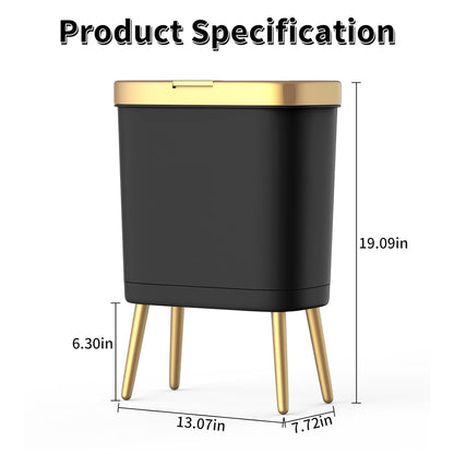 Procade 2Pack Office Trash Can with Lid, 4 Gallon Gold Trash Can Bathroom, Black Garbage Can with Push Button, Narrow Garbage Bin Waste Basket for Bedroom, Kitchen, Toilet
